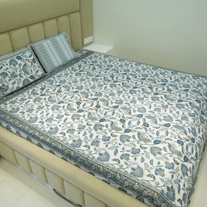 Cotton bedsheet for bedroom,king sizes,handmade summer bedsheet with pillow cover,hand block motif print,blue cotton bedsheet