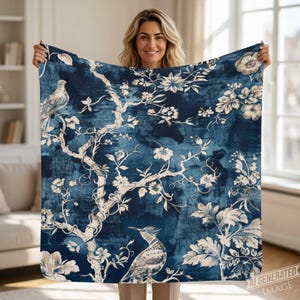 Toile blauwe bloemen deken marineblauwe Toile deken decor Franse landelijke bloemen deken deken slaapzaal decor Cottage landelijke decor deken bloem plaid