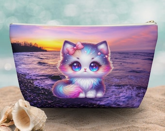 Bolsa de maquillaje con diseño de gato al atardecer, ideal como regalo para amantes de los gatos, ideal como neceser de viaje con cremallera, ideal como regalo para mamá gata o para niña.