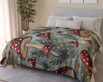Koc z motywem grzybów, prezent dla miłośnika grzybów, koc boho cottagecore, rustykalny koc leśny, botaniczny wystrój, koc z grzybami