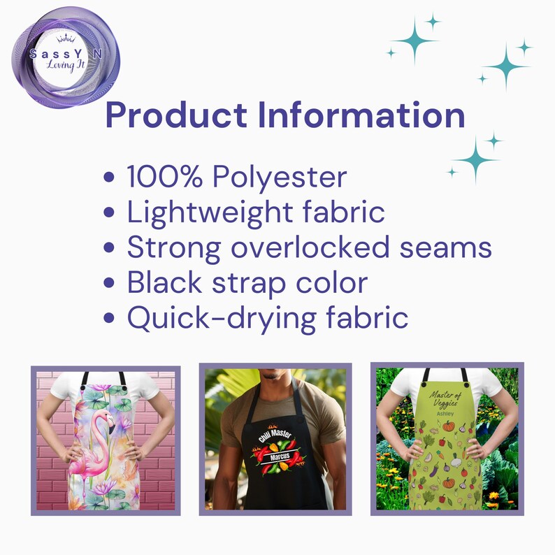 May include: Aprons with various designs are displayed. One apron features a flamingo, another has "Grill Master" text, and the third says "Master of Veggies". The product information includes: 100% polyester, lightweight fabric, strong overlocked seams, black strap color, and quick-drying fabric.