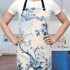 Custom Apron French Toile de Jouy Apron Toile Blue Floral Personalized Apron Mom Floral Gift Aprons Women Gift Custom Mom Gift Kitchen Apron