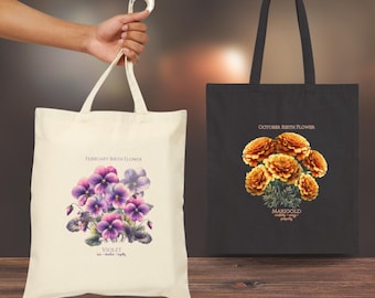 Birth Flower Gift ToteBag Flower Birth Month Flower Canvas Tote Bag Flower Tote Bag Bridesmaid Tote Bag Custom Birthday Gift Tote Canvas Bag