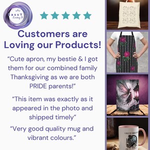 May include: Image featuring a logo, five stars, and text that reads "Customers are Loving our Products!". The image also includes customer reviews about an apron, a mug, and timely shipping.