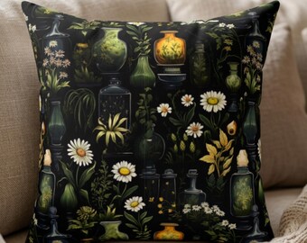 Daisy Apothecary Throw Pillow - Dark Academia Decor