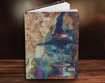 May include: A hardcover book titled "Potions & Spells" with a witch hat and potion bottle illustration. The cover features a vintage aesthetic with floral and ornate patterns, and the name "Valerie" is printed on the bottom.