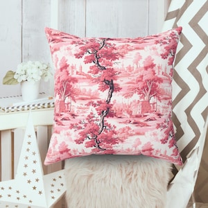 Pink Toile Decor Pillow Pink Floral Pillow Vintage Decor Pink Dorm Decor Cottage Country Decor Accent Pillow Flower Toile De Jouy Home Decor