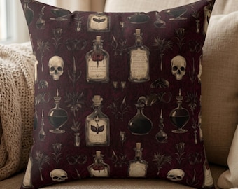 Gothic Witch Throw Pillow - Apothecary Skull Decor