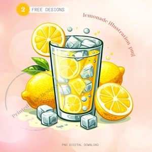 May include: A glass of lemonade with ice cubes and lemon slices. The glass is on a pink background with a white circle around it. The text "Lemonade Illustration Png" is written in a curved arc above the glass.