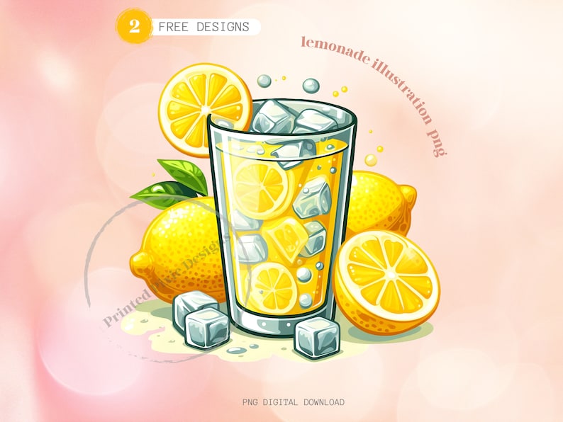 May include: A glass of lemonade with ice cubes and lemon slices. The glass is on a pink background with a white circle around it. The text "Lemonade Illustration Png" is written in a curved arc above the glass.