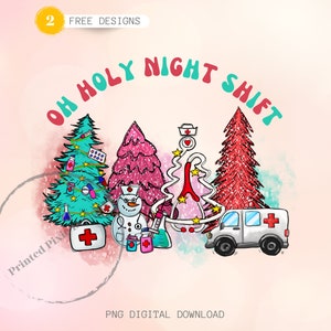 Könnte beinhalten: Ein digitaler Download von zwei Weihnachtsbaum-Designs mit einem Schneemann, einem Krankenwagen und dem Text "Oh Holy Night Shift".