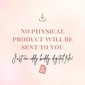 May include: A pink and white blurred background with a download icon and a document icon. The text reads "NO PHYSICAL PRODUCT WILL BE SENT TO YOU Just an iddy biddy digital file!"