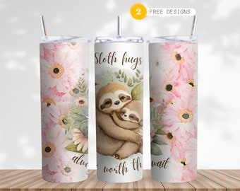 Watercolor Sloth Tumbler Wrap: Pink Daisy 20 Oz Skinny Tumbler (Digital Design)