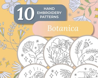 Embroidery Template - BOTANICA - 10 pdf templates in 2 sizes / Simple Girly Floral Pattern for Hand Embroidery