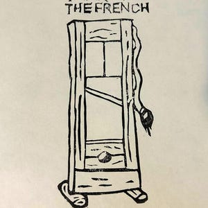 Linoleografia fatta a mano su carta. Ghigliottina intitolata "Party Like the French"