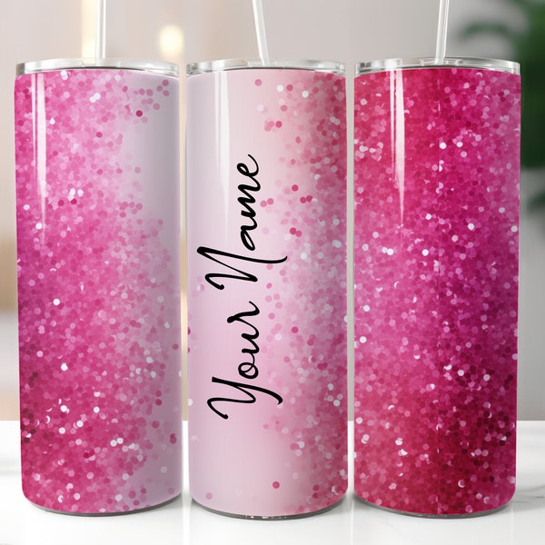 Add your name 20 oz skinny Tumbler Sublimation Designs PNG File Digital Download Pink Glitter Sparkles party personalized