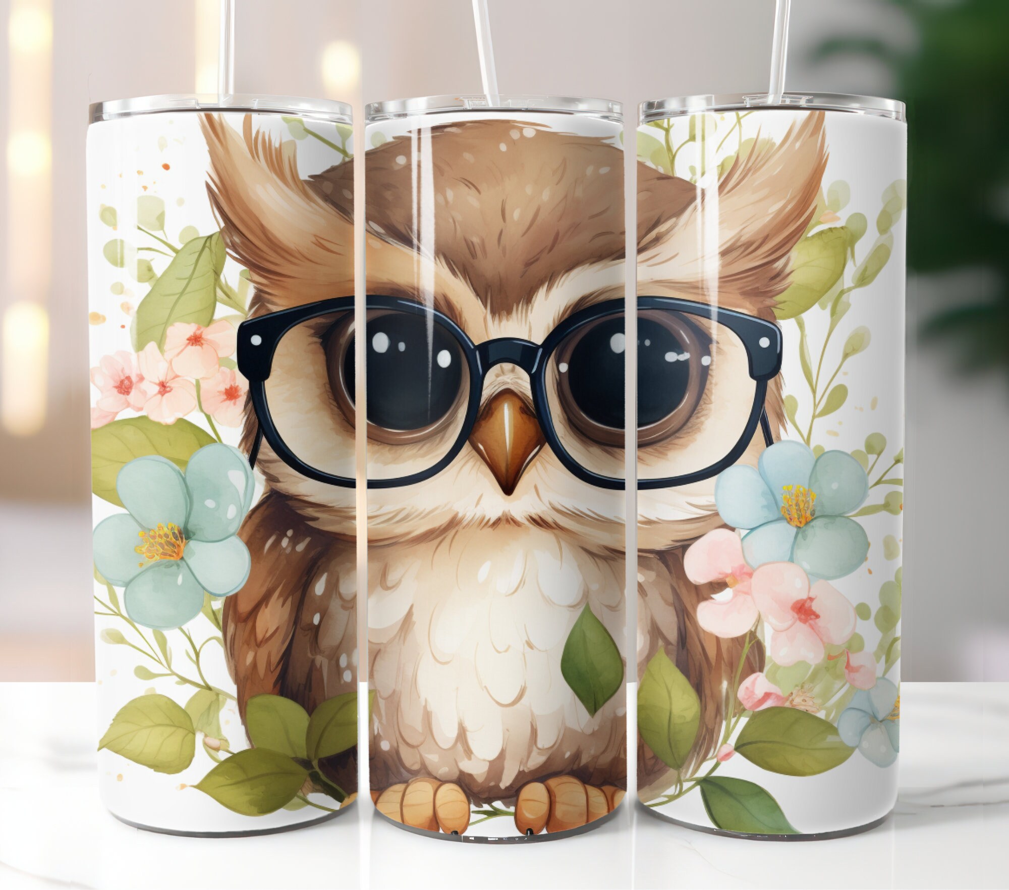 Owl 20oz Skinny Tumbler Sublimation Designs PNG File Digital Download Fall, Autumn Animals with Flow