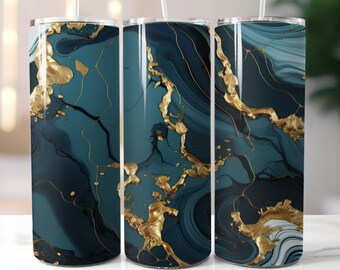 Marble 20oz Skinny Tumbler Sublimation Designs PNG File Digital Download Green and Gold
