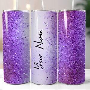 Add your name 20 oz skinny Tumbler Sublimation Designs PNG File Digital Download Purple Glitter Sparkles party personalized