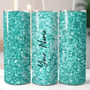 Add your name 20 oz skinny Tumbler Sublimation Designs PNG File Digital Download Blue Glitter Sparkles party personalized Teal