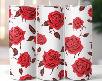 Red Roses 20oz Skinny Tumbler Sublimation Designs PNG File Digital Download Seamless Flower Design