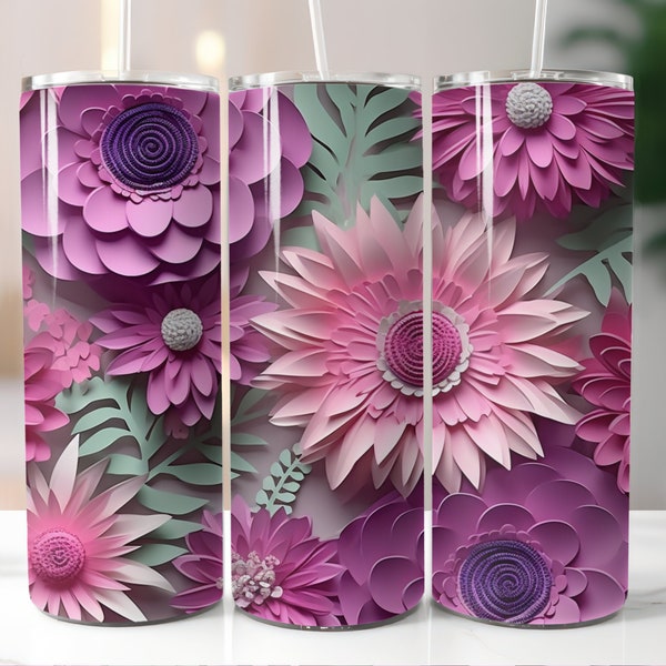 3D Quill Flowers 20oz Skinny Tumbler Sublimation Design PNG File Digital Download only, Pink Flowers