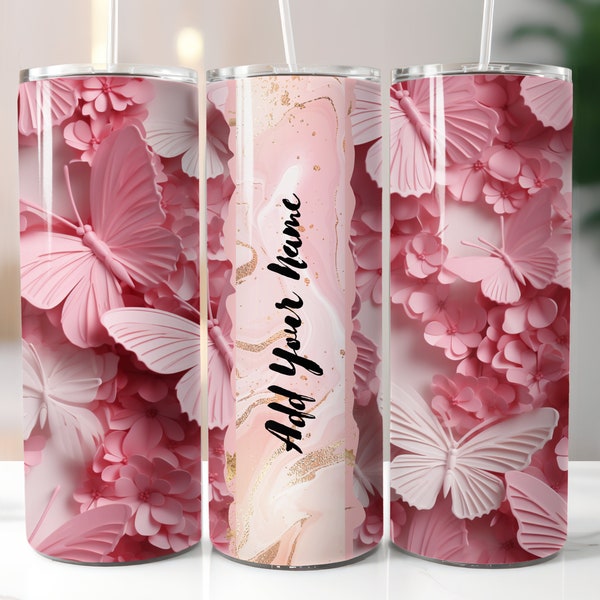 Naam toevoegen 20 oz skinny Tumbler Sublimation Designs PNG File Pink Butterfly party gepersonaliseerd Voeg uw naam toe voeg namen toe Personaliseert bloemen