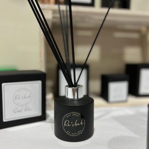 May include: Black diffuser bottle with a gold label that says "Est. 2023 Rai'ihah by Fatima". The bottle has black diffuser sticks.