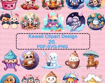 Op de afbeelding: Een set van 20 schattige kawaii clipart-ontwerpen in PDF, SVG en PNG-formaten. De ontwerpen bevatten schattige personages zoals een pinguïn, een sneeuwpop, een paddenstoel, een wasbeer, een beer, een eekhoorn, een cupcake en een theepot.
