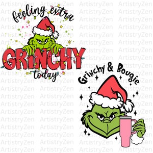 Op de afbeelding: Groen Grinch-personage dat een rode kerstmanmuts draagt met de tekst "feeling extra Grinchy today" in rood met kleurrijke lampjes rond de tekst. De tweede afbeelding toont de Grinch die een rode kerstmanmuts draagt en een roze beker vasthoudt met de tekst "Grinchy & Bougie" in rood met kleurrijke lampjes rond de tekst.
