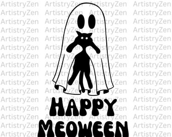 Happy Meoween Halloween Svg, Pumpkin Svg, Horror Svg, Ghost Svg, Digital Download, Retro Halloween Png, Digital Prints, Halloween Art.