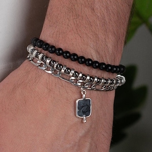 silver Bracelet for men set, chain bracelet, charm bracelet, hematite mens jewelry accessories, Gift for him, beaded black onyx bracelet