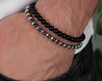 Handmade Hematite & Black Onyx Beaded Bracelet for Men