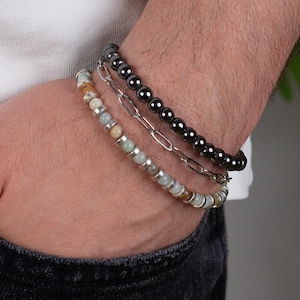 men&#39;s beaded bracelet set, bracelet for men, handmade men&#39;s jewelry, gift for him, hematite natural stone bracelet, silver chain bracelet