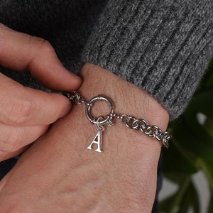 Pulsera con inicial para hombre, pulsera de cadena gruesa de acero inoxidable, joyería personalizada para hombre, regalo para papá, esposo, pulsera minimalista de plata
