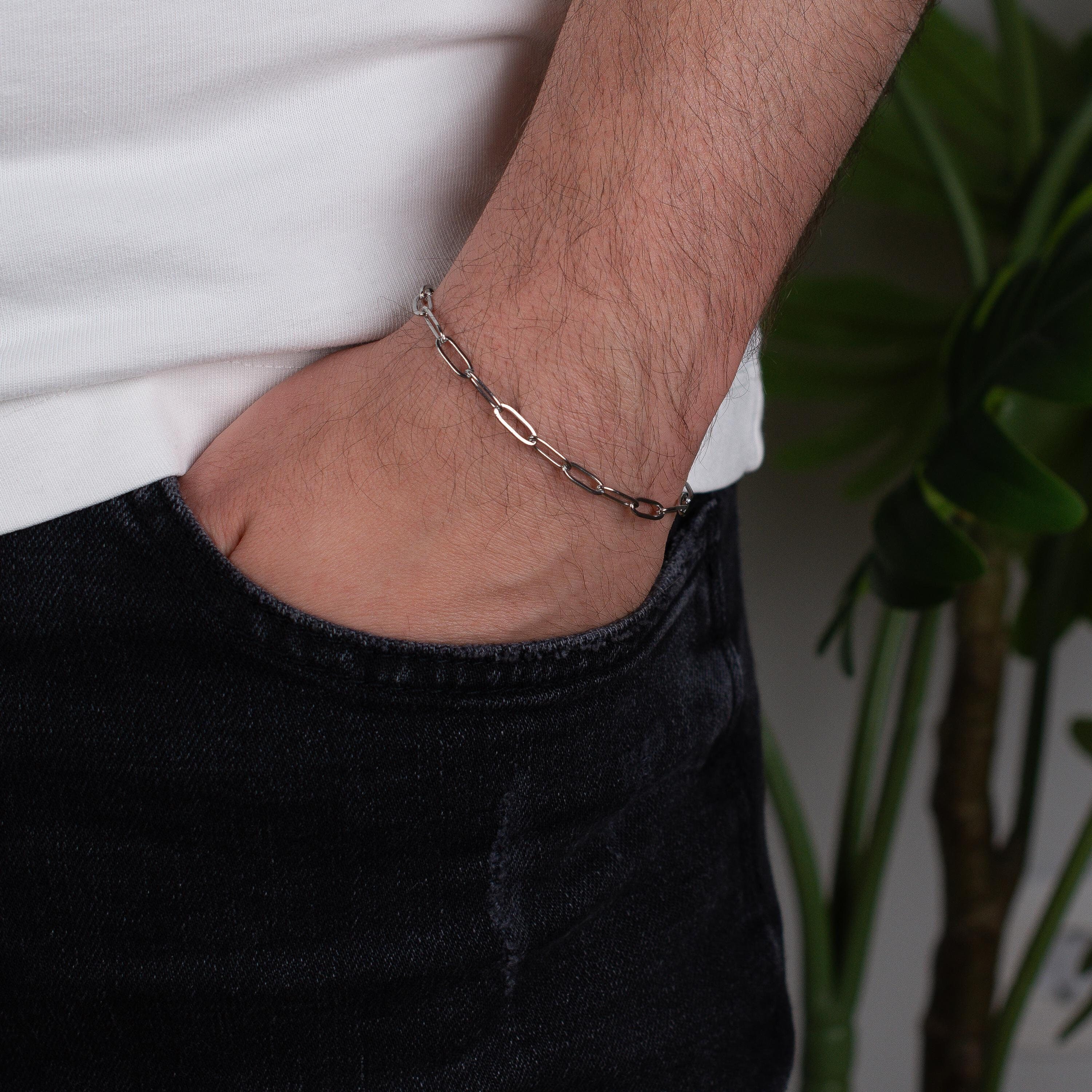 Silver Papersclip Chain Bracelet Men, Dainty Minimalist