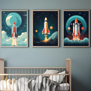 Set of 3 Space-Themed Prints for Kids&#39; Rooms, Rocket Ship Illustrations, Space Shuttle, Kids Space Themed Bedroom Decor, Space Wall Art