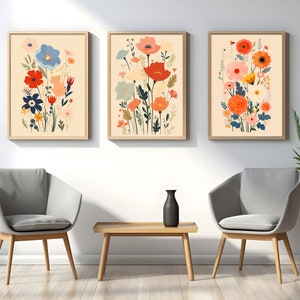 Set of 3 Botanical Prints, Mid-Century Modern Floral Wall Art (Digital Download)