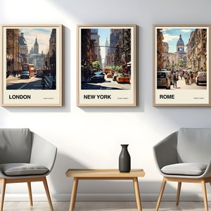 都市景観プリントセット：ロンドン、ローマ、ニューヨーク - アーバンウォールアート（デジタルダウンロード）