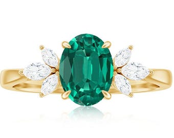 Vintage Emerald Engagement Ring Art Deco Promise Ring, Leaf Ring, May Birthstone Ring & Green Gemstone Wedding Statement Anniversary Ring