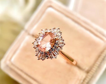 Pink Morganite Vintage Ring, Peach Engagement Ring, Rose Gold Vermeil Ring Sterling Silver Statement Promise Ring Anniversary Gift for He