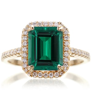 Vintage Unique Emerald Engagement Gold Ring Cushion Cut Green Emerald Ring (Lab Grown) May Birthstone  Promise Wedding Statement Jewelry