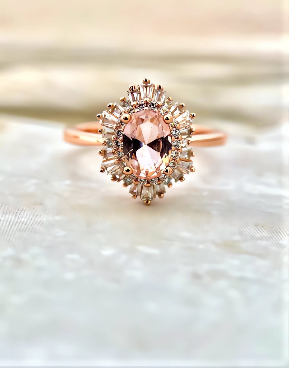 Art Deco Morganite Promise Ring, Peach Vintage Rose Gold Vermeil Ring, 925 Silver Pink Engagement Ring Anniversary Birthday Gift for Her