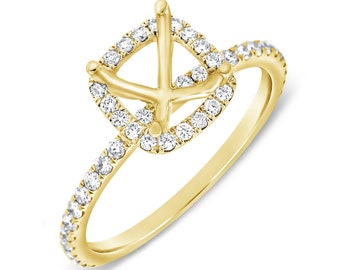 14K Yellow Gold Diamond Semi Mount Engagement Ring Setting - Cushion Cut Halo & Round Cut 8MM Ring in 925 Silver, Anniversary, Gift for her