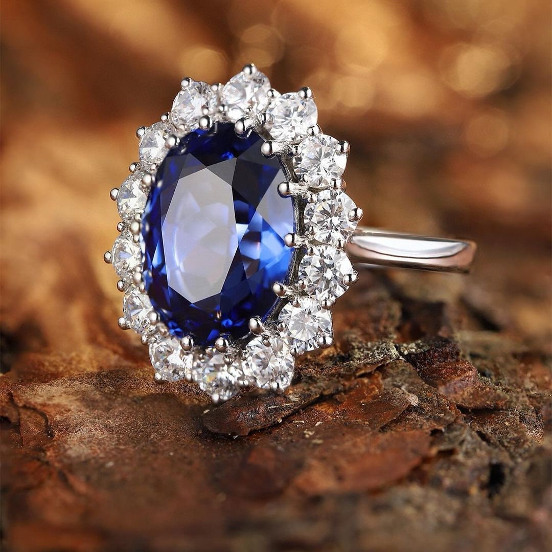Oval Blue Princess Diana Simulated Sapphire Ring Engagement