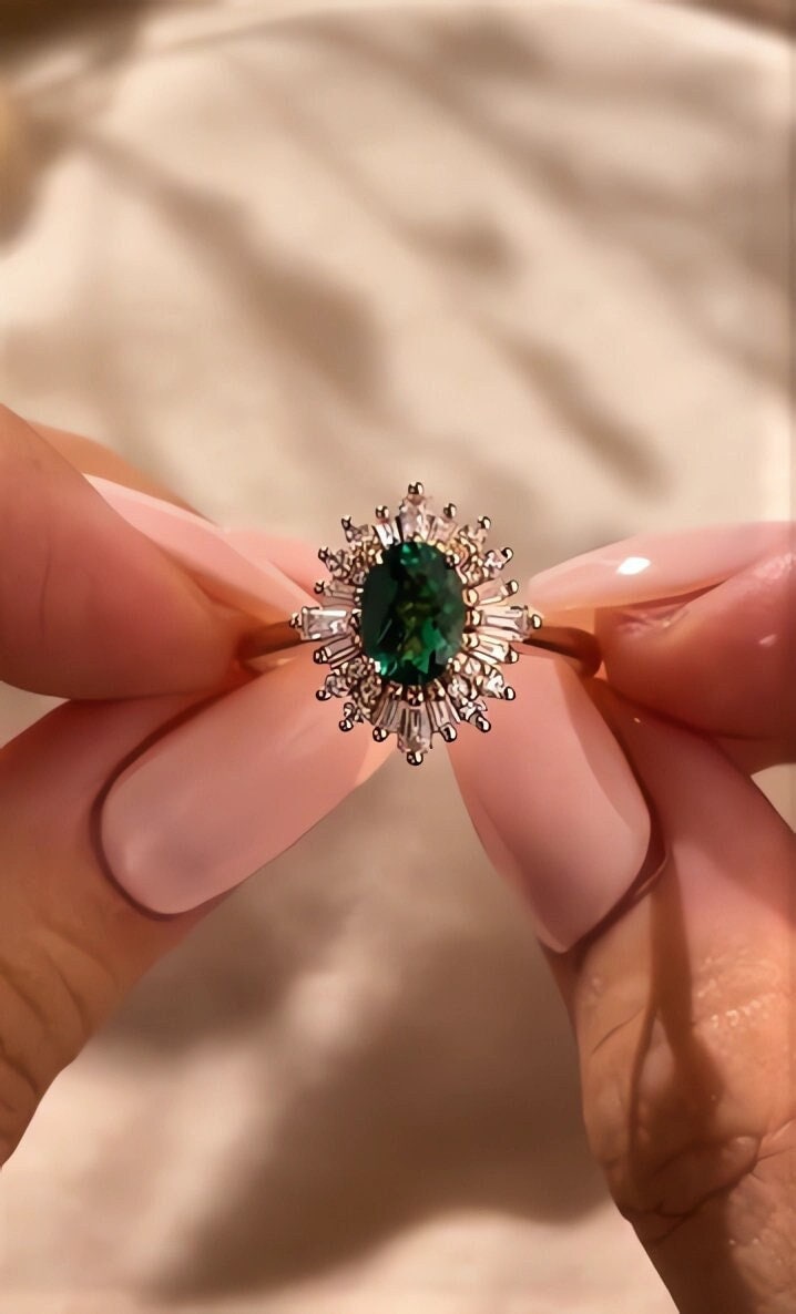 Vintage Emerald Engagement Ring Art Deco Oval Lab Emerald Ring Unique Rose, Gold Ring Baguette Cut Diamond Halo Ring Bridal Anniversary Ring