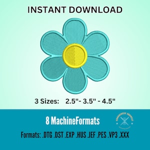 May include: A turquoise blue flower with a yellow center. The flower is available in three sizes: 2.5 inches, 3.5 inches, and 4.5 inches. The image also includes the text "8 MachineFormats" and "Formats: .DTG.DST.EXP .HUS.JEF.PES.VP3.XXX".
