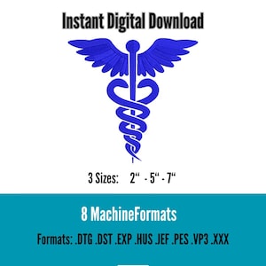 Caduceus Embroidery Design, Medical Symbol Embroidery File, Snake Aesculapius Rod, Hospital Medicine Pharmacy Icon, RN, EMT, Doctor, Nurse