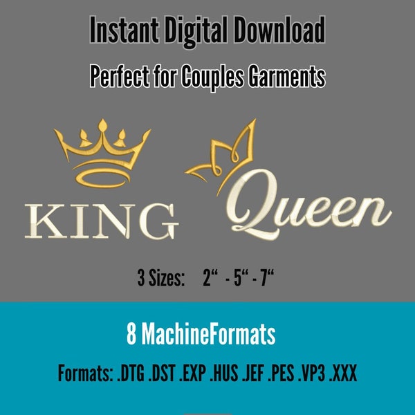 King and Queen  Embroidery Designs, Couples Embroidery files, Power Couple, Digitized Design, Instant Download .dst .exp .hus .pes .vp3 .jef