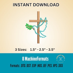 Puede incluir: Un diseño de bordado de una paloma blanca con una rama de olivo en su pico, posada sobre una cruz marrón. El diseño está disponible en tres tamaños: 1,5 pulgadas, 2,5 pulgadas y 3,5 pulgadas. Se incluyen ocho formatos de bordado a máquina: DTG, DST, EXP, HUS, JEF, PES, VP3 y XXX.